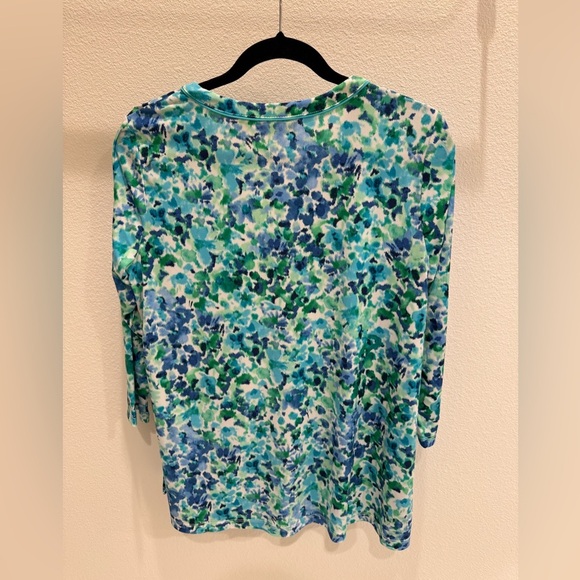 Susan Graver Blue and Green Patterned Blouse 3/4 sleeve - Picture 2 of 4